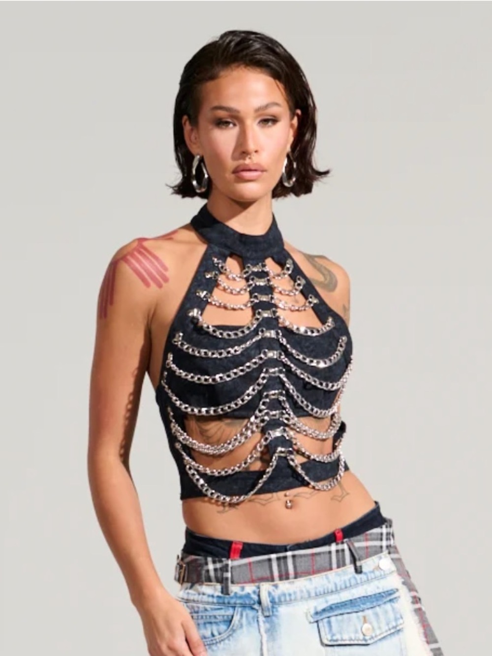 Denim Halter Top With Chain